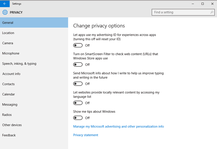 Image result for windows 10 privacy settings